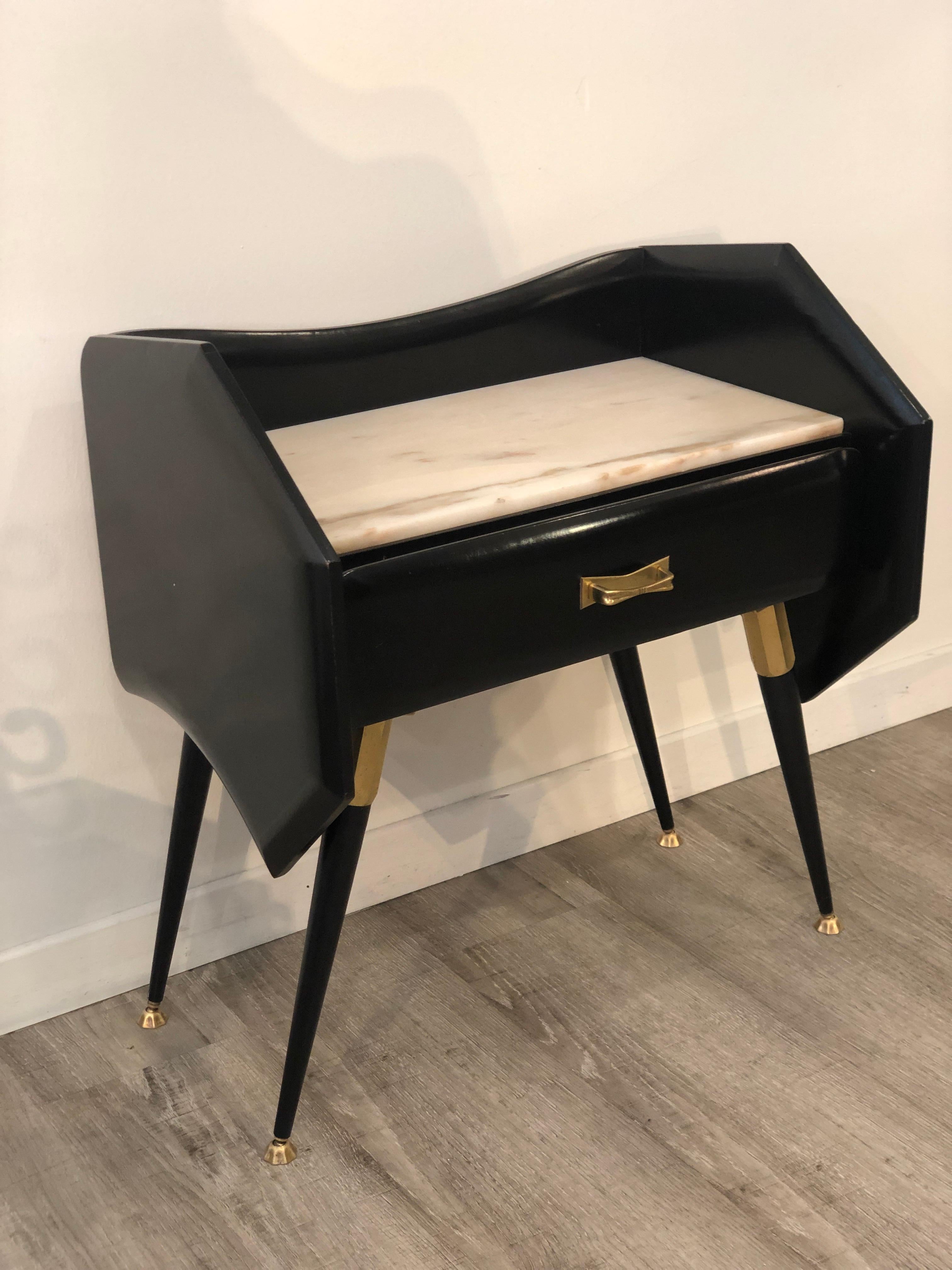 Wood Italian Mid Century Black Bedside Tables with Marble Top and Brass Details