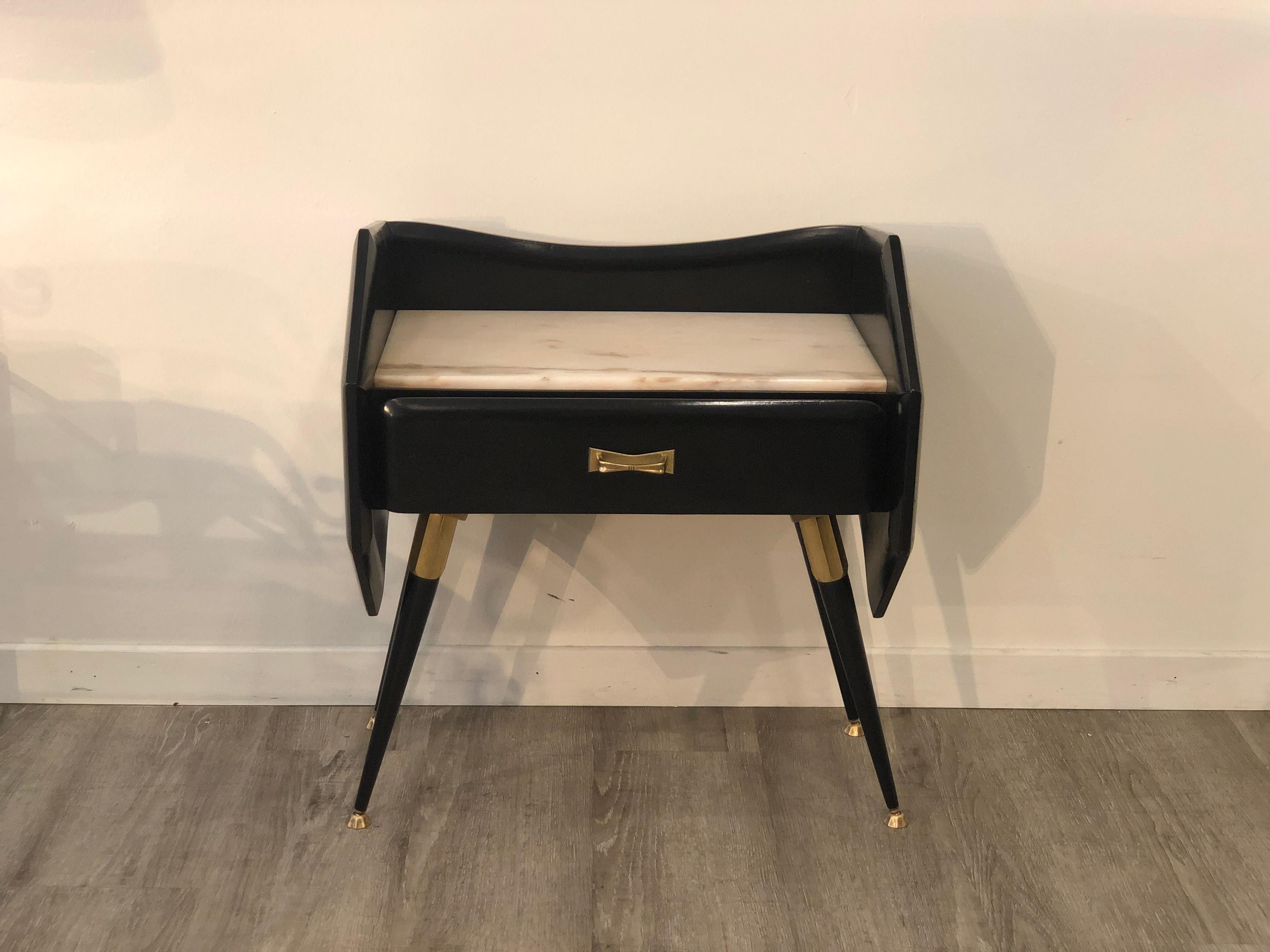 Italian Mid Century Black Bedside Tables with Marble Top and Brass Details 1