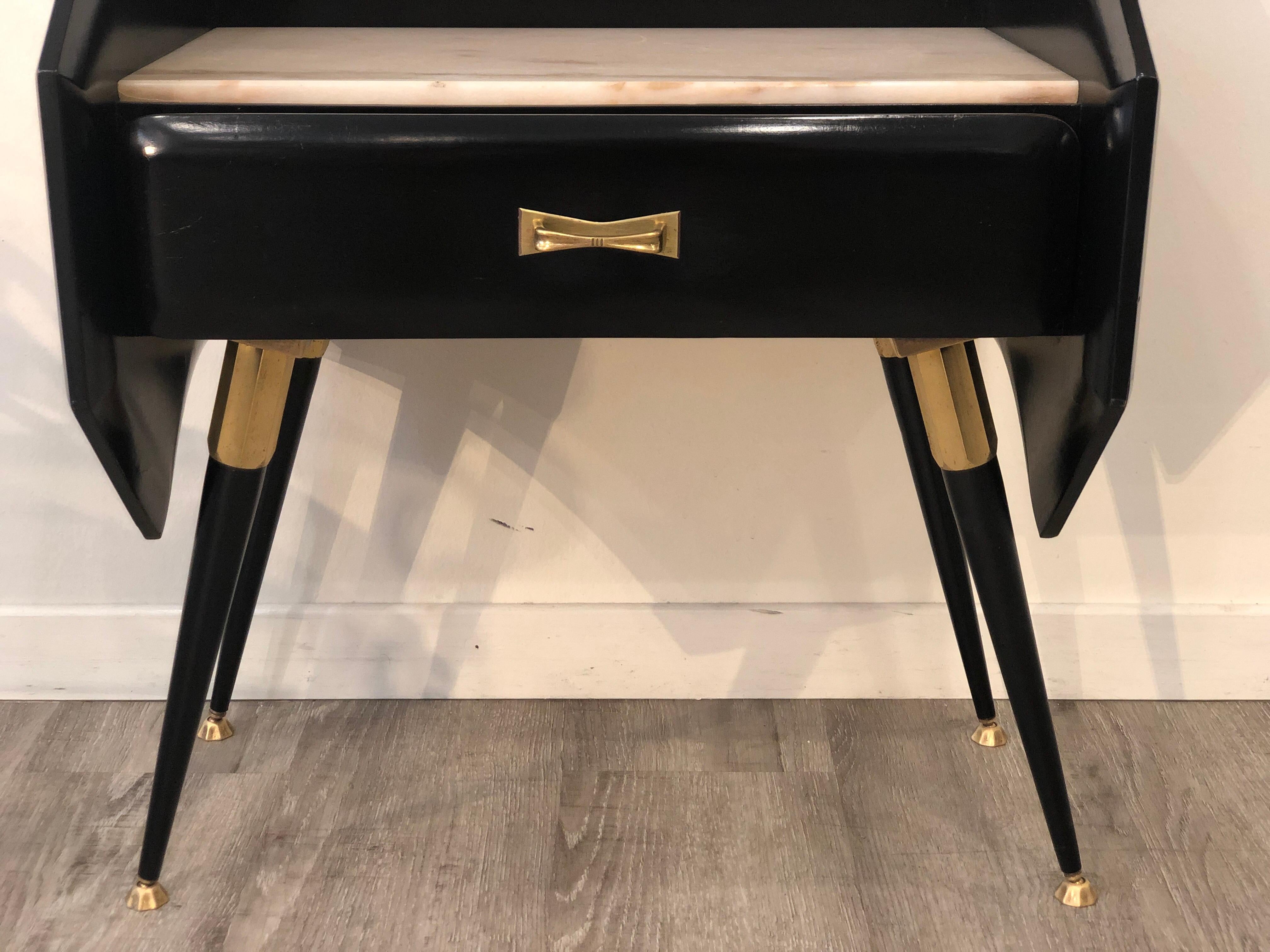 Italian Mid Century Black Bedside Tables with Marble Top and Brass Details 2