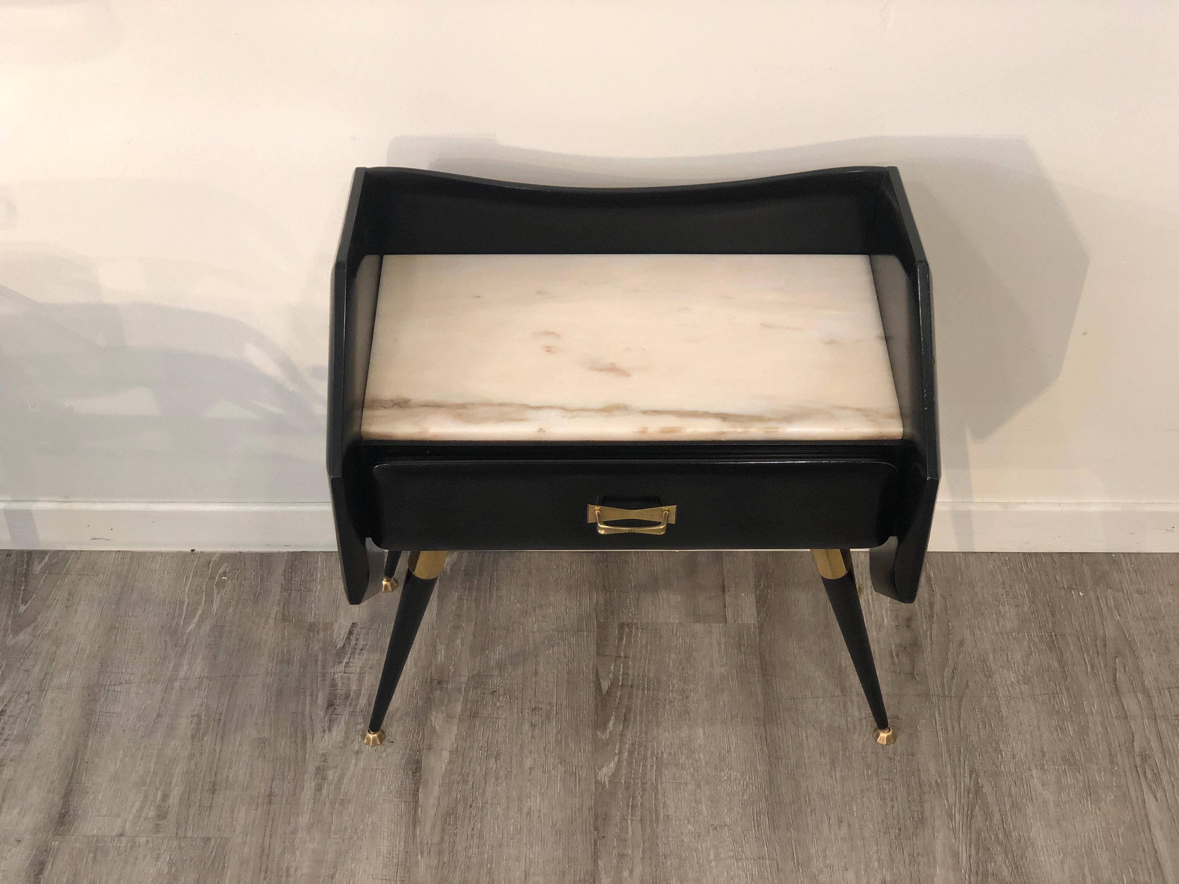 Italian Mid Century Black Bedside Tables with Marble Top and Brass Details 3