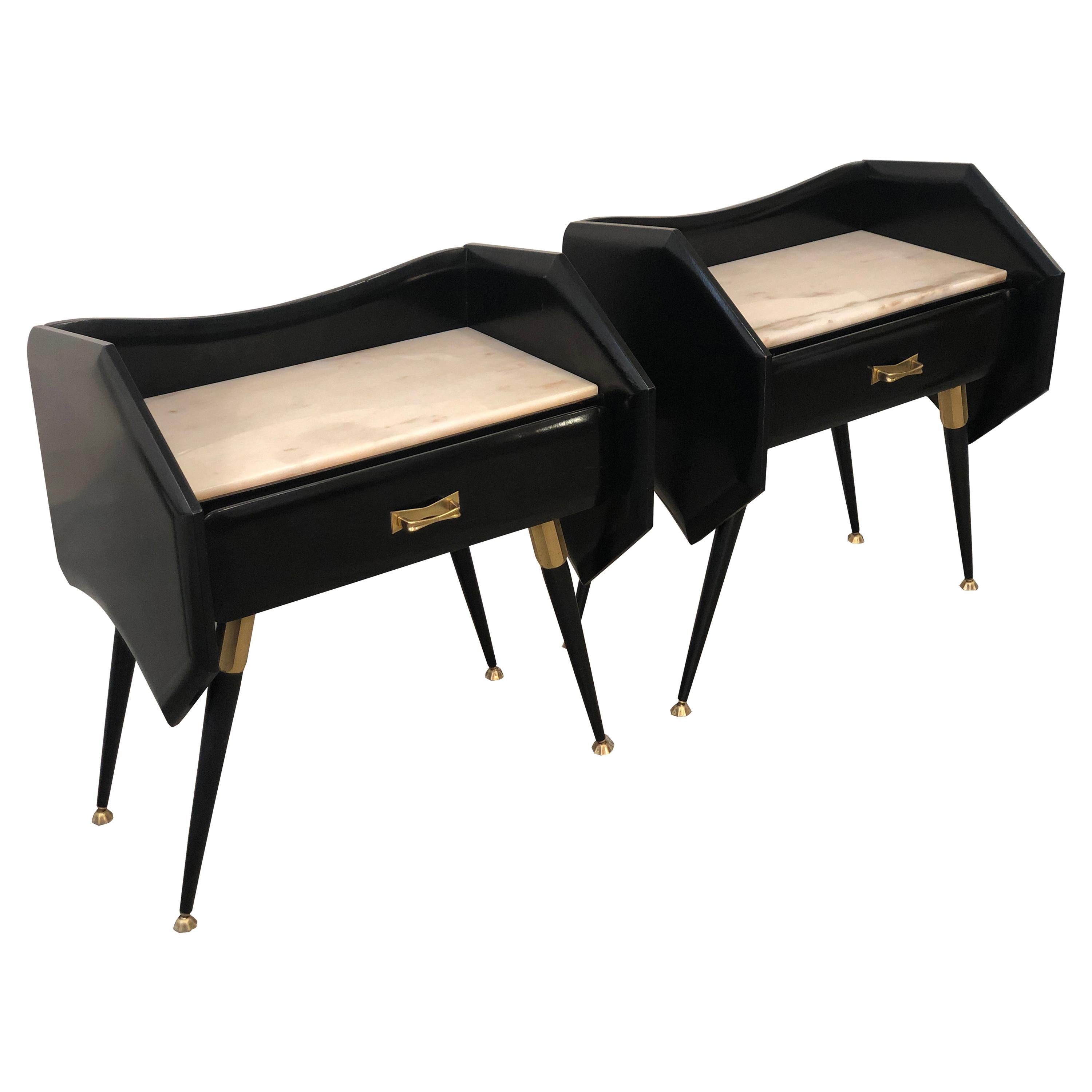 Italian Mid Century Black Bedside Tables with Marble Top and Brass Details