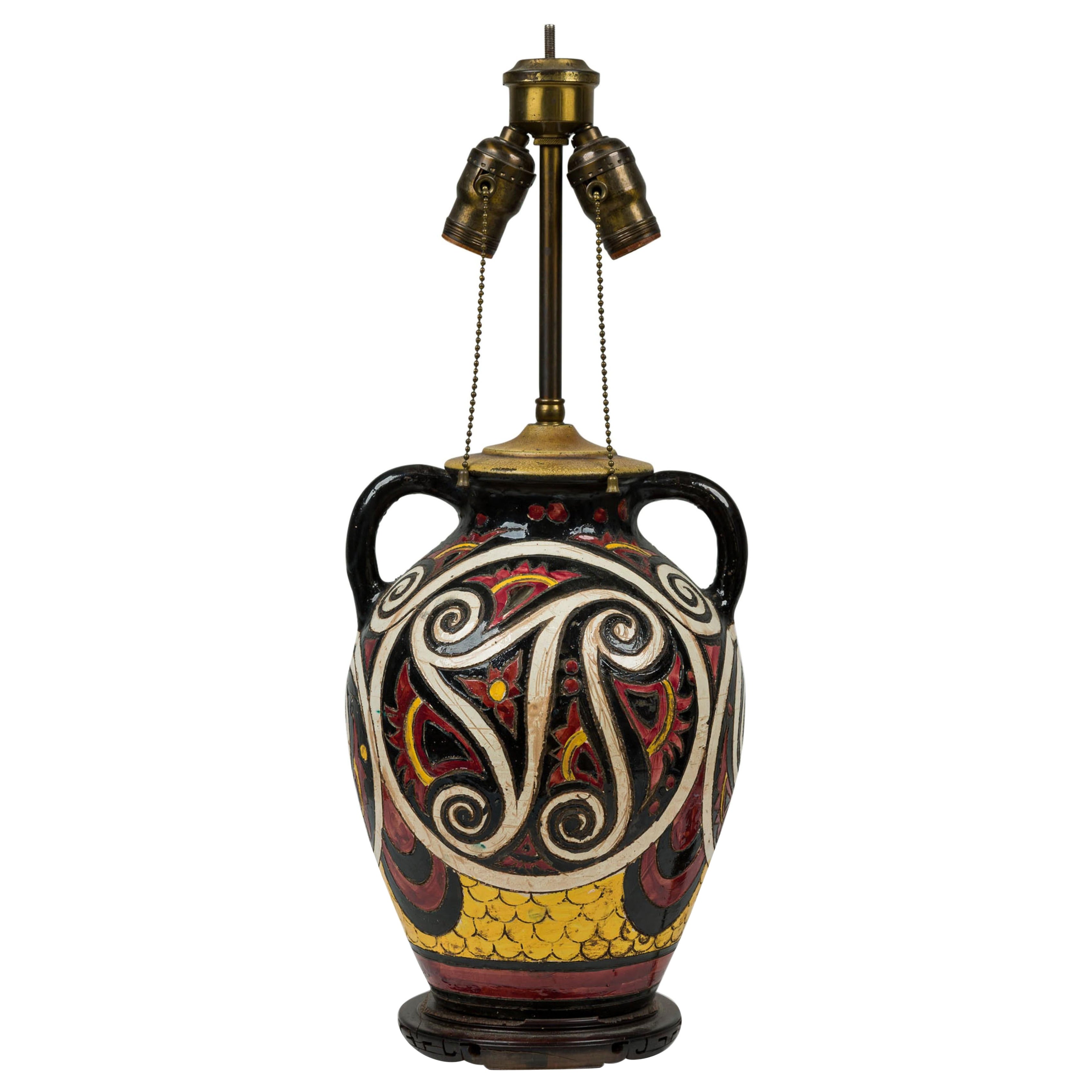 Italian Mid-Century Black-Figure Pottery Table Lamp