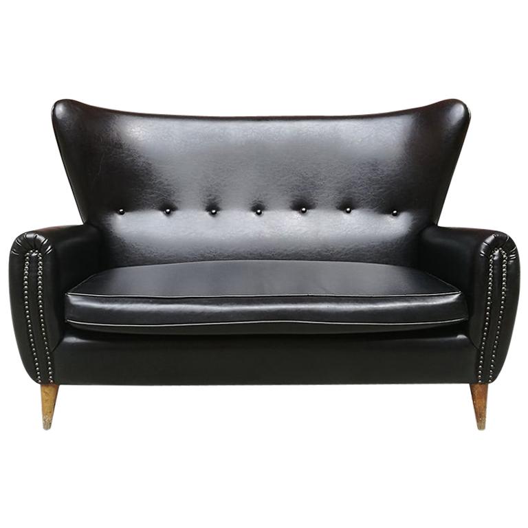 Italian Mid-Century Black Leather Sofa with Armrests and Wooden Legs, 1950s