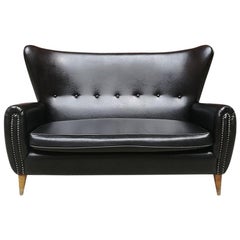 Vintage Italian Mid-Century Black Leather Sofa with Armrests and Wooden Legs, 1950s