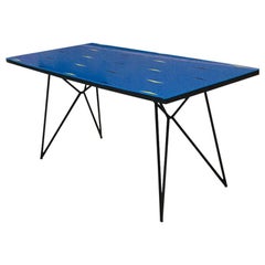 Italian Midcentury Black Metal Rod and Blue Glass Table, 1950s