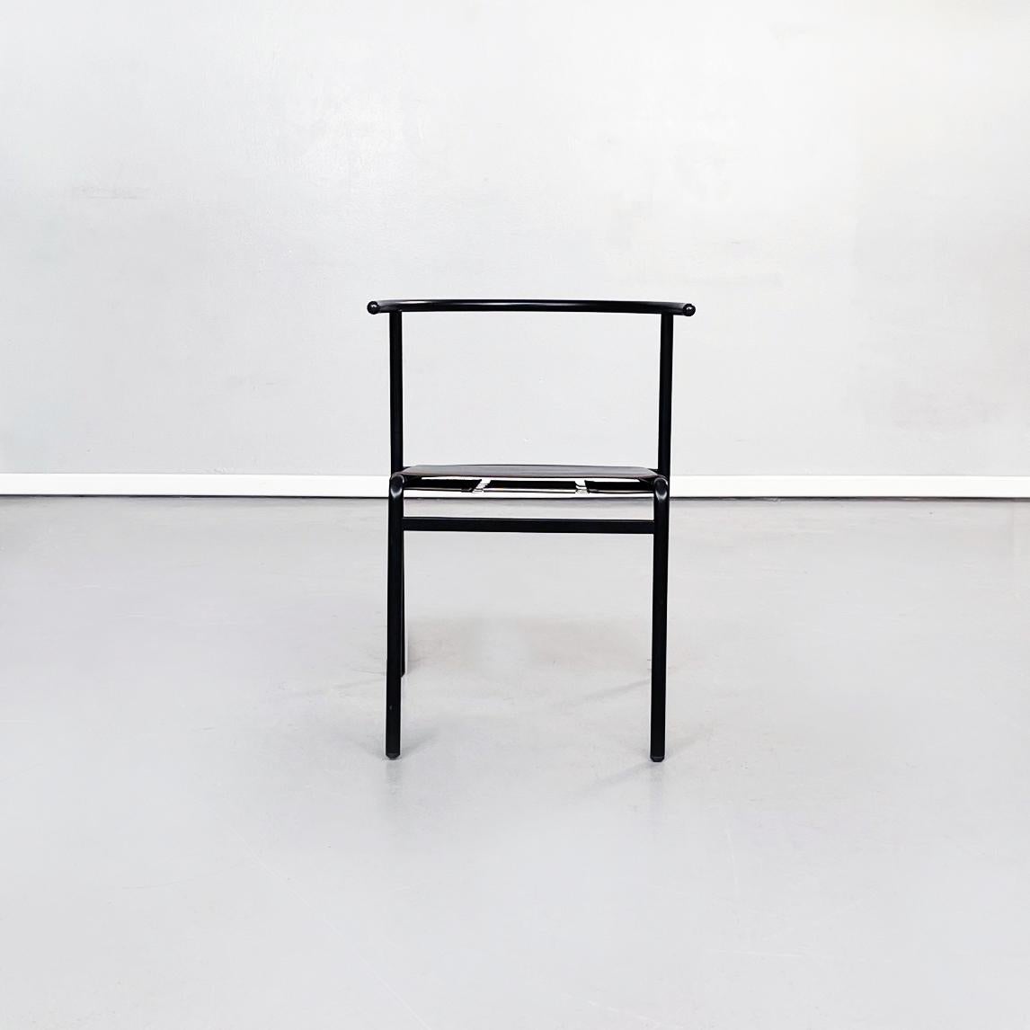 Italian mid-century black steel and leather Cafè Chairs by Starck for Baleri, 1980s
Pair of chairs mod. Cafè Chair with squared seat in black leather. The seat is made up of a leather strip with 6 horizontal cuts, supported by latex rubber and