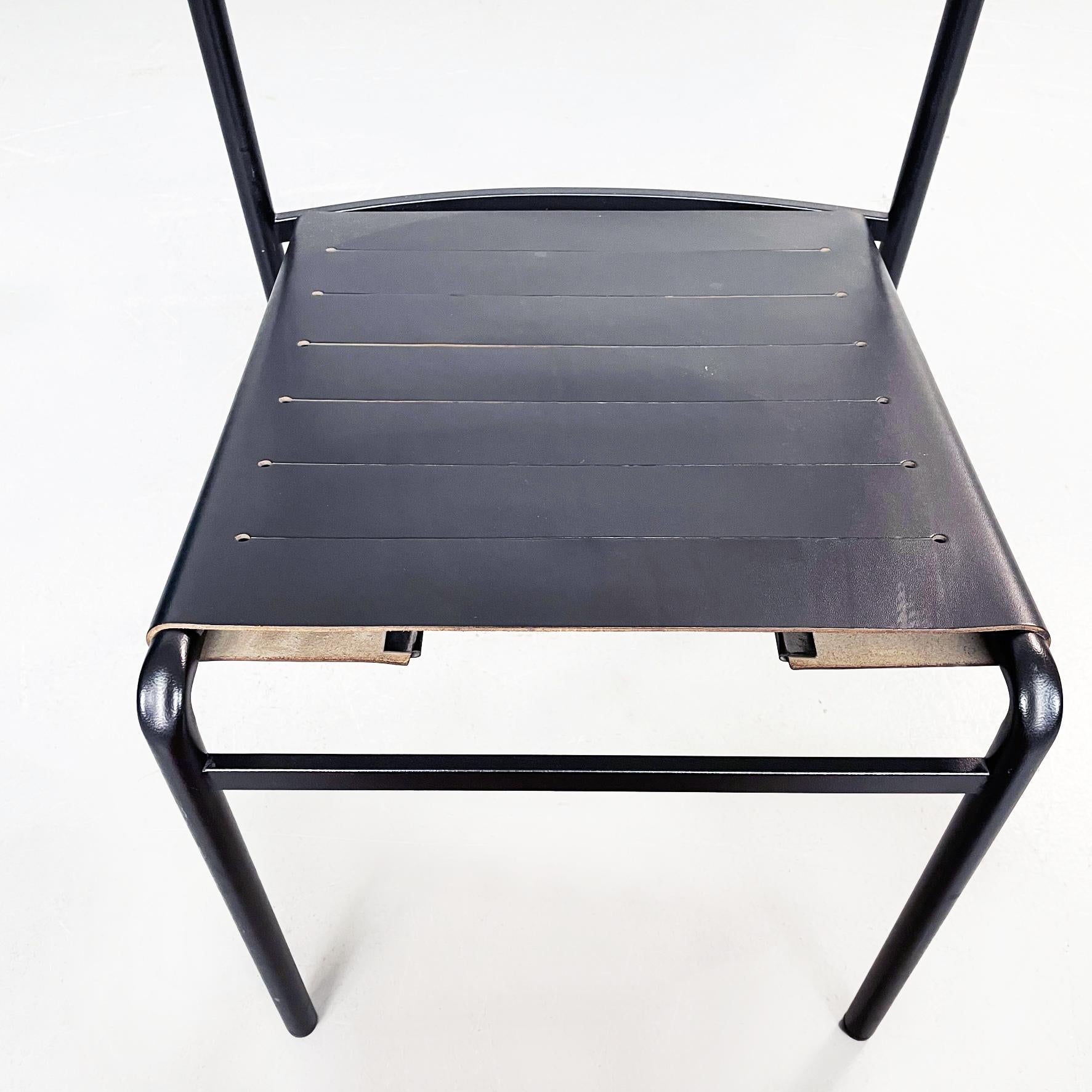 Italian Mid-Century Black Steel Leather Cafè Chairs by Starck for Baleri, 1980s For Sale 2
