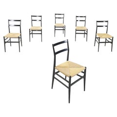 Italian Mid-Century Black Wood Rope Chairs Leggera 646 Gio Ponti Cassina, 1970s