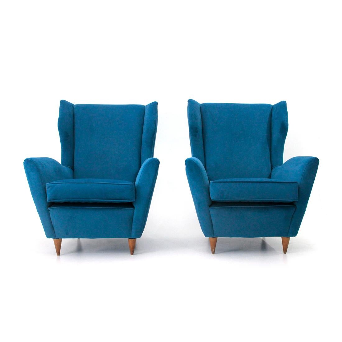 Mid-20th Century Italian Midcentury Blu Velvet Armchair, 1950s, Set of 2 For Sale