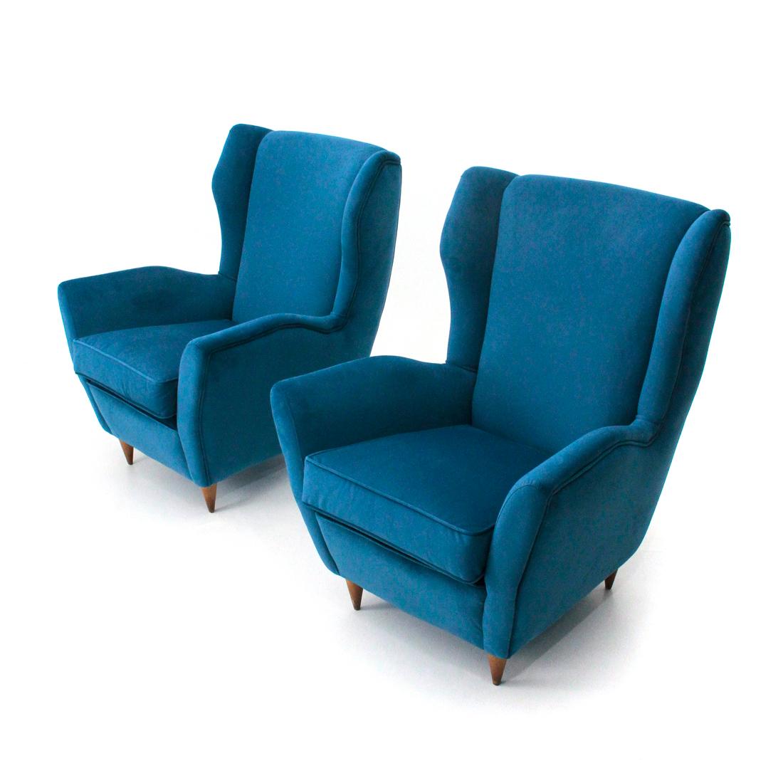 Italian Midcentury Blu Velvet Armchair, 1950s, Set of 2 For Sale 1