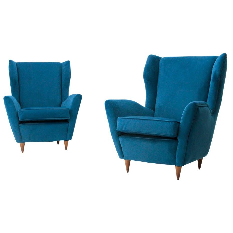 Italian Midcentury Blu Velvet Armchair, 1950s, Set of 2 For Sale