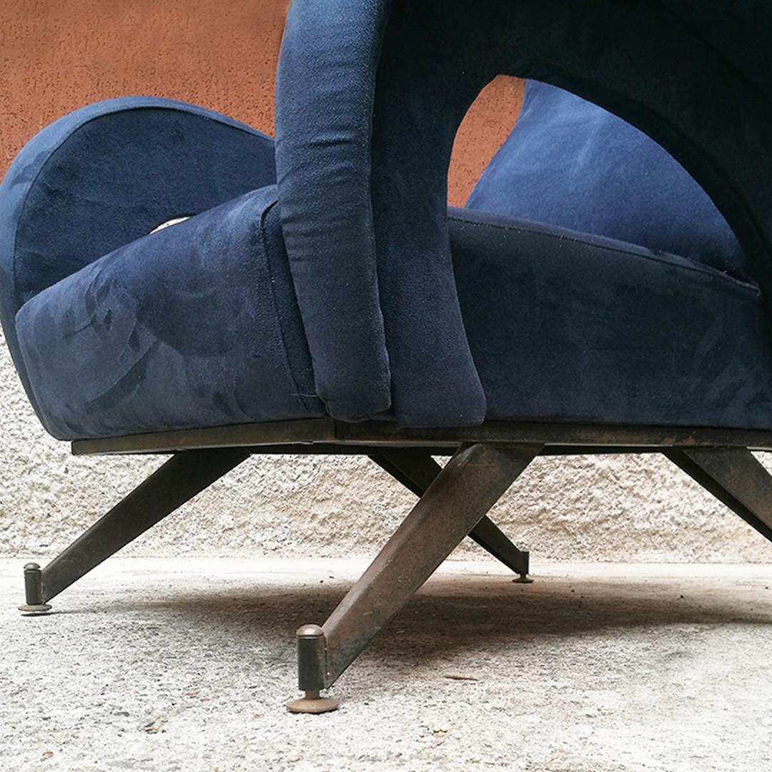 Metal Italian Midcentury Blu Velvet Armchair with Armrests, 1950s