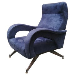 Italian Midcentury Blu Velvet Armchair with Armrests, 1950s