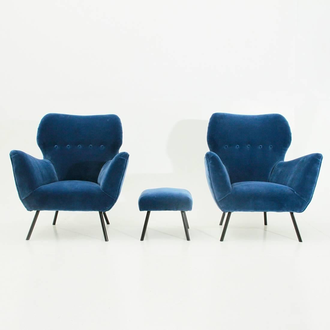 Mid-Century Modern Italian Midcentury Blue Velvet Armchairs with Ottoman, 1950s