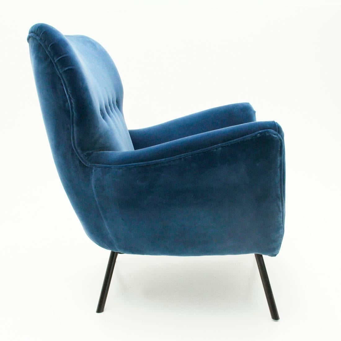 Mid-20th Century Italian Midcentury Blue Velvet Armchairs with Ottoman, 1950s