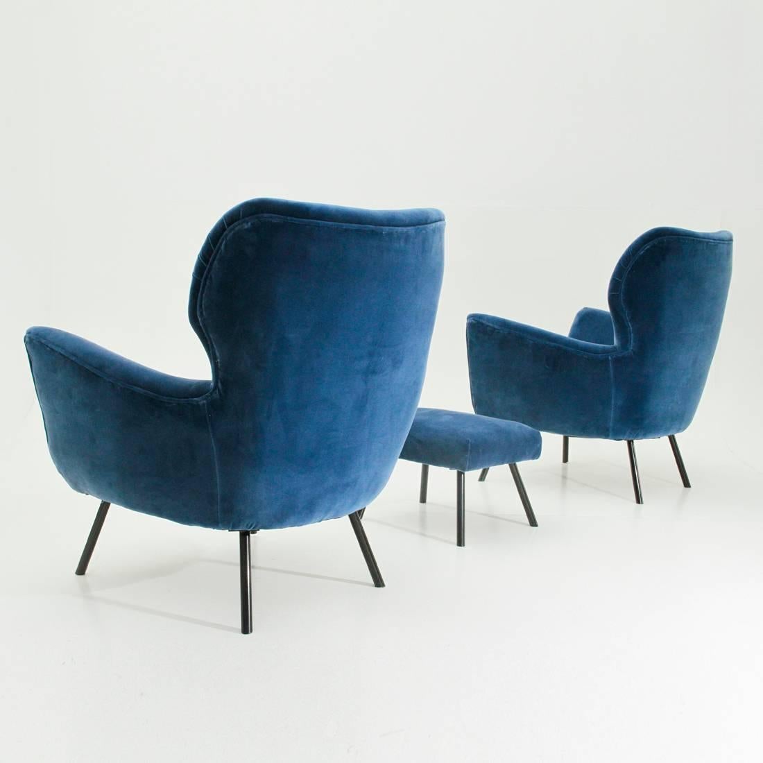 Italian Midcentury Blue Velvet Armchairs with Ottoman, 1950s 1