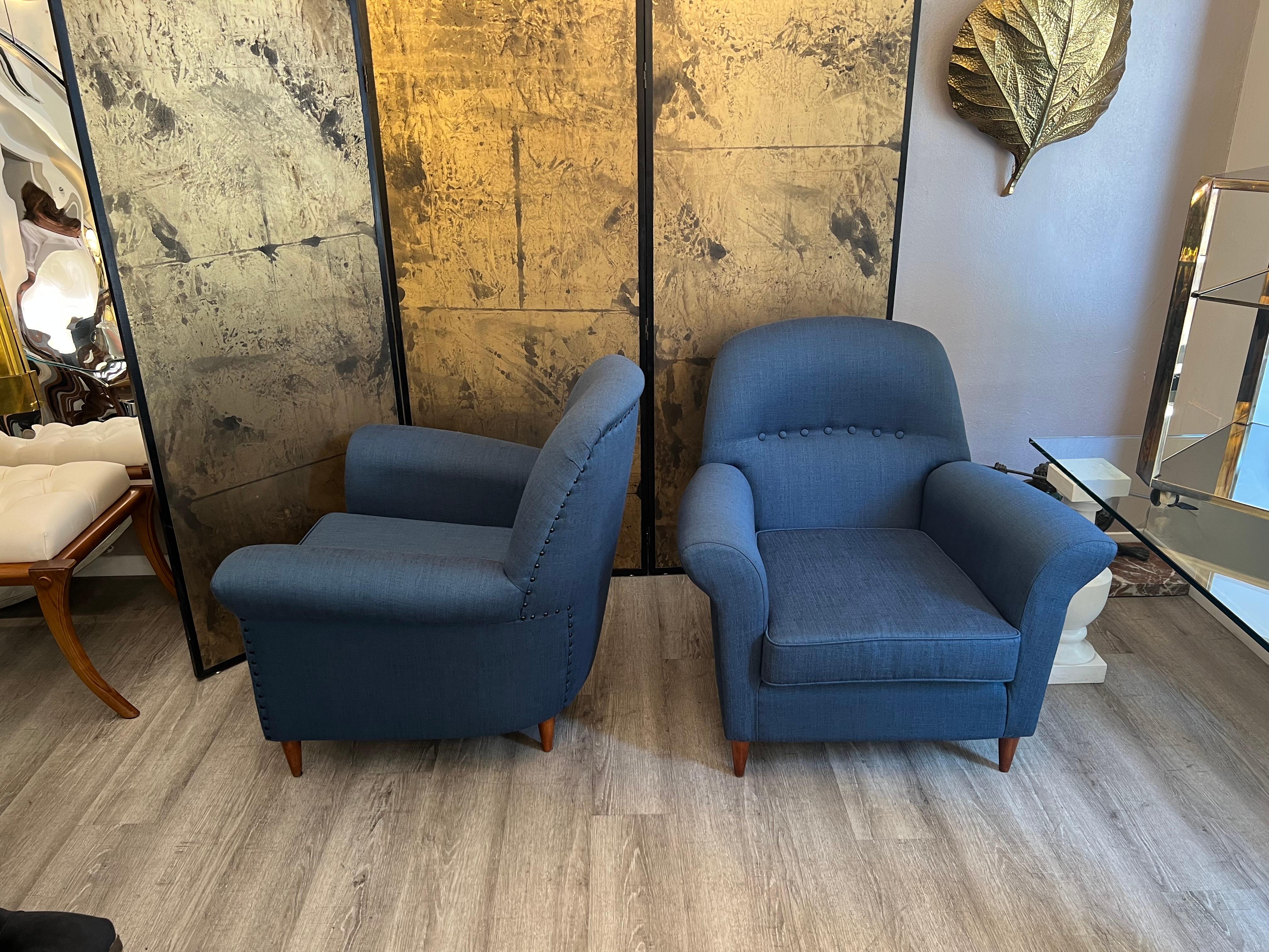 Mid-Century Modern Italian Mid-Century Blue Cotton Wood Feet Armchairs  For Sale