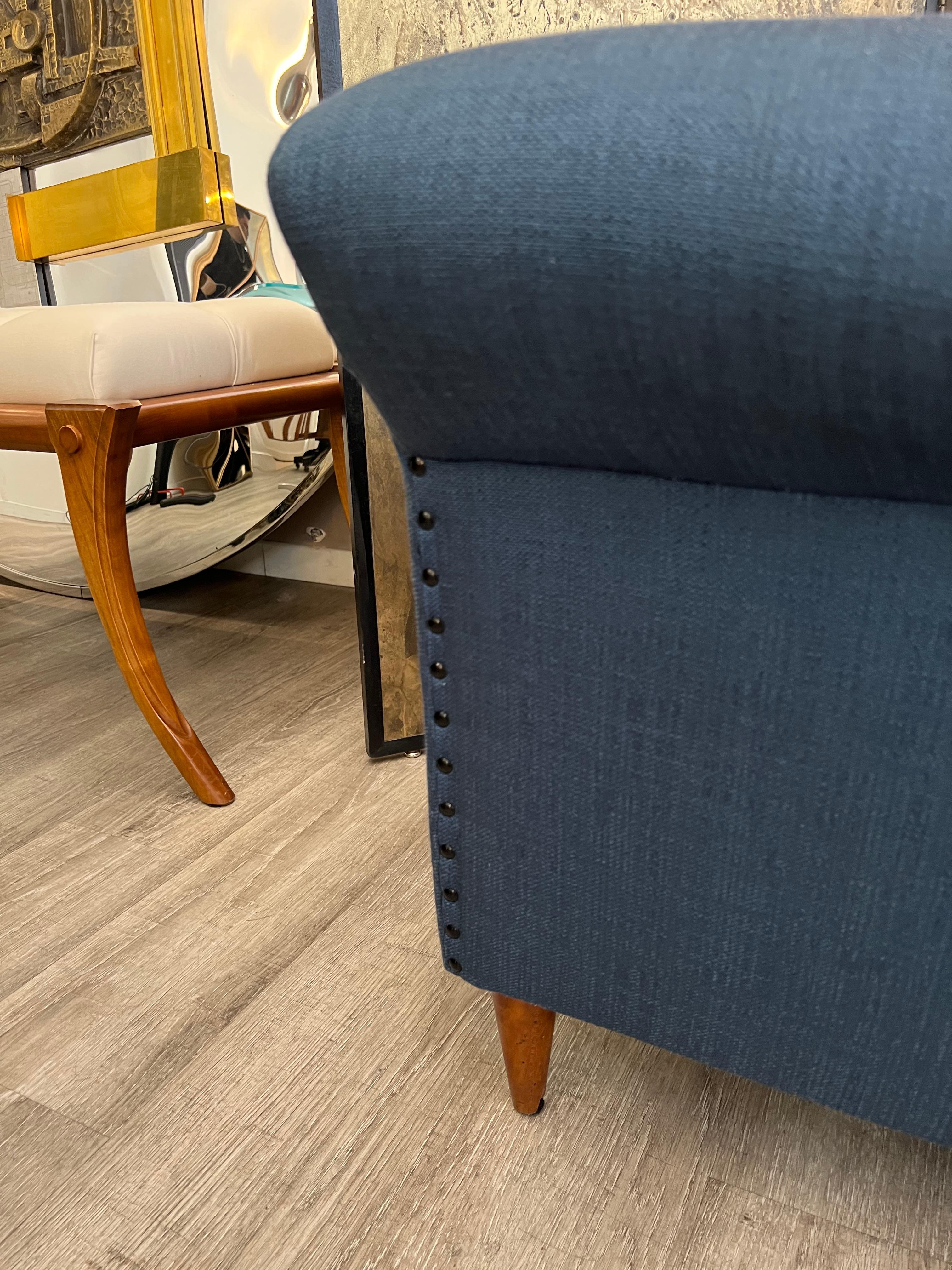 Italian Mid-Century Blue Cotton Wood Feet Armchairs For Sale 3