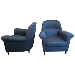 Poltrone italiane di metà secolo in cotone blu con piedi in Wood