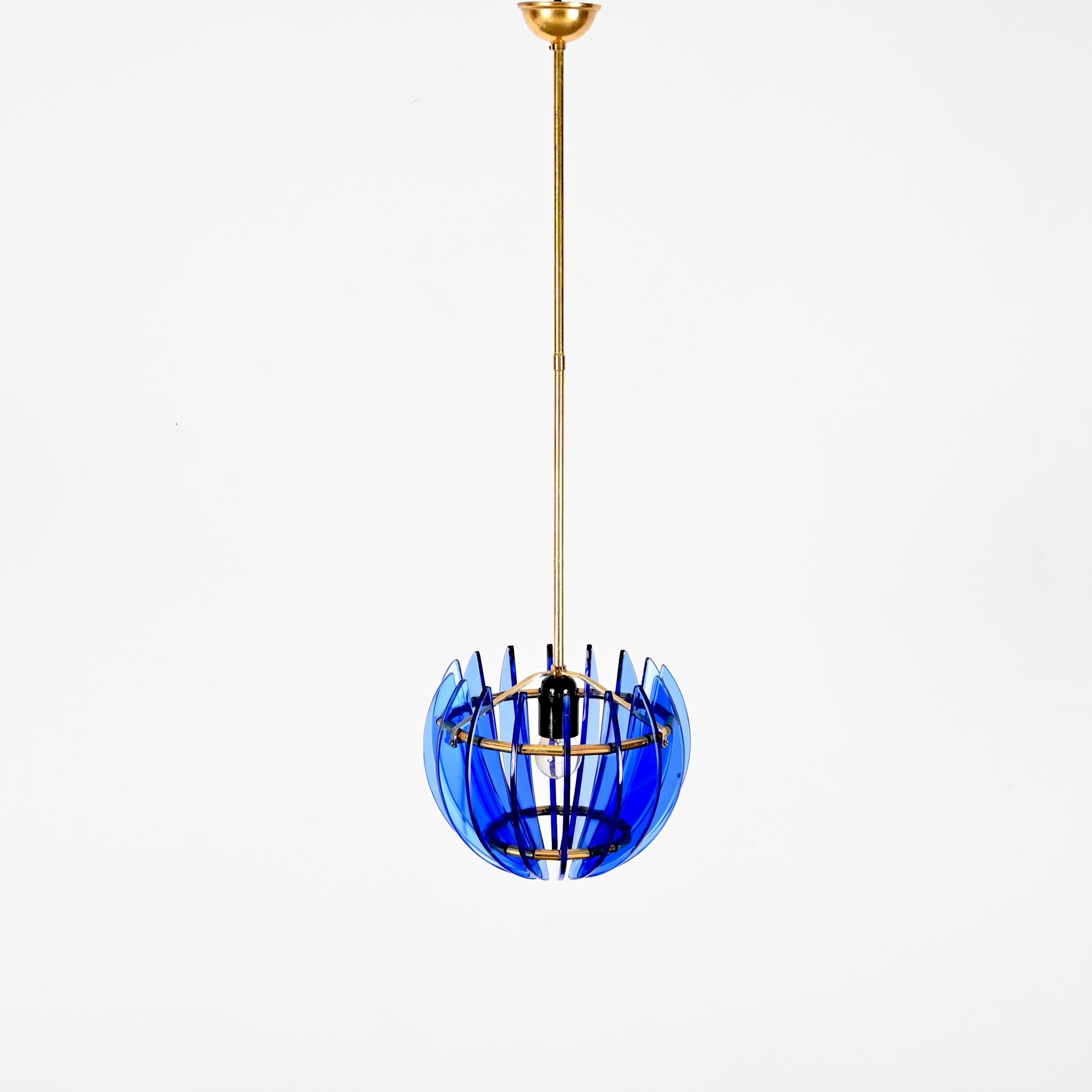 Italian Mid-Century Blue Glass and Brass Pendant by Galvorame, Italy 1960s For Sale 3