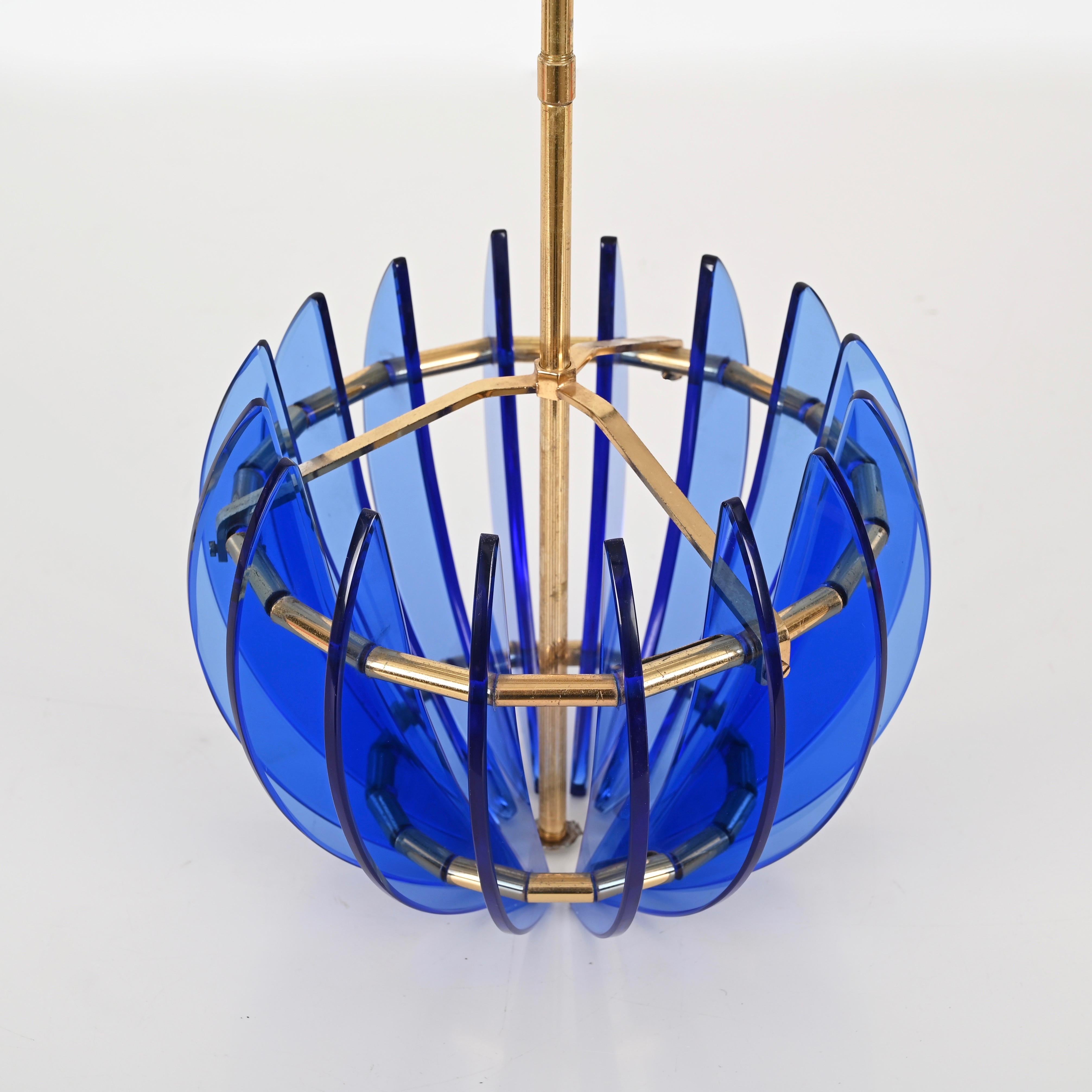 Italian Mid-Century Blue Glass and Brass Pendant by Galvorame, Italy 1960s For Sale 4