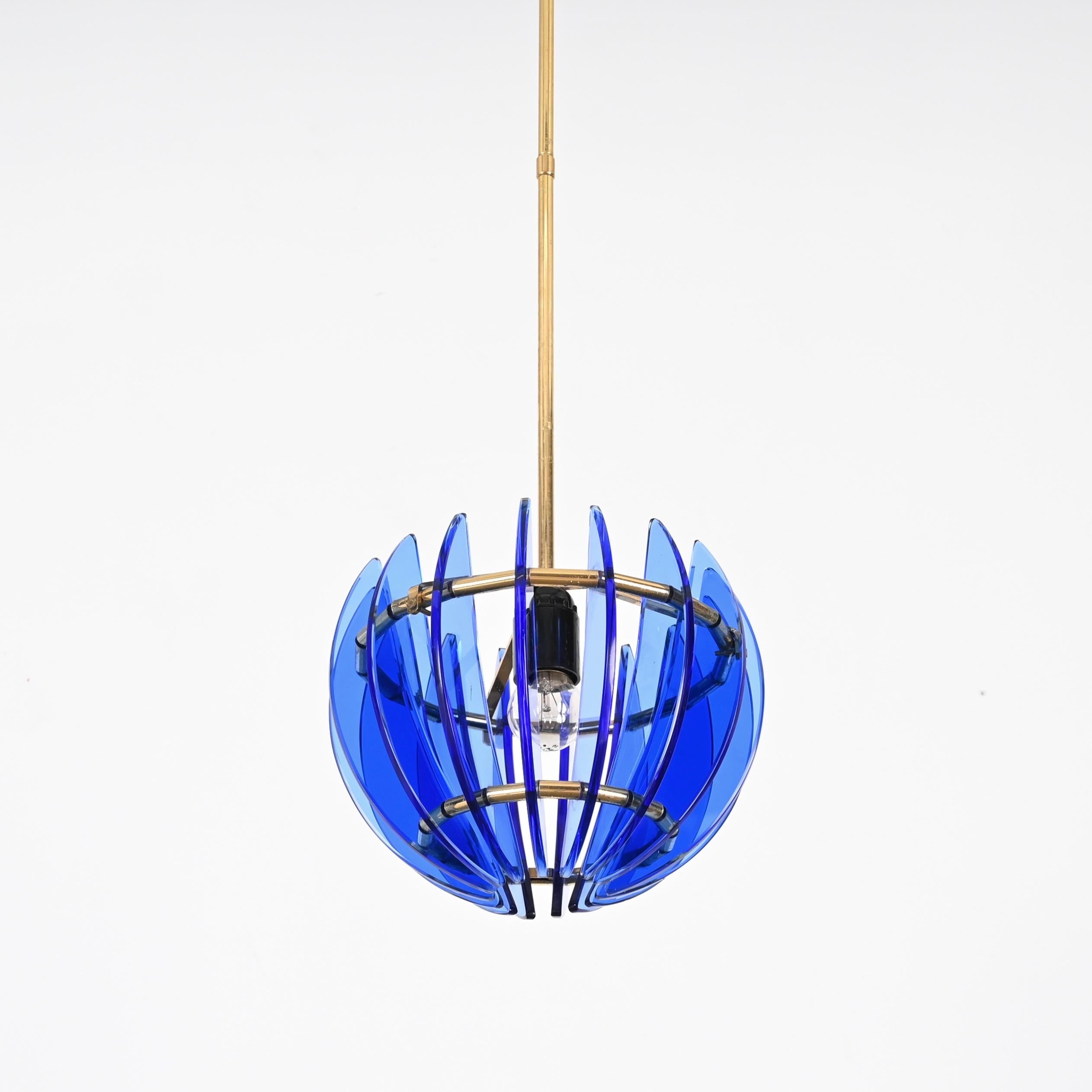 Italian Mid-Century Blue Glass and Brass Pendant by Galvorame, Italy 1960s For Sale 5