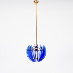 Italian Mid-Century Blue Glass and Brass Pendant by Galvorame, Italy 1960s
