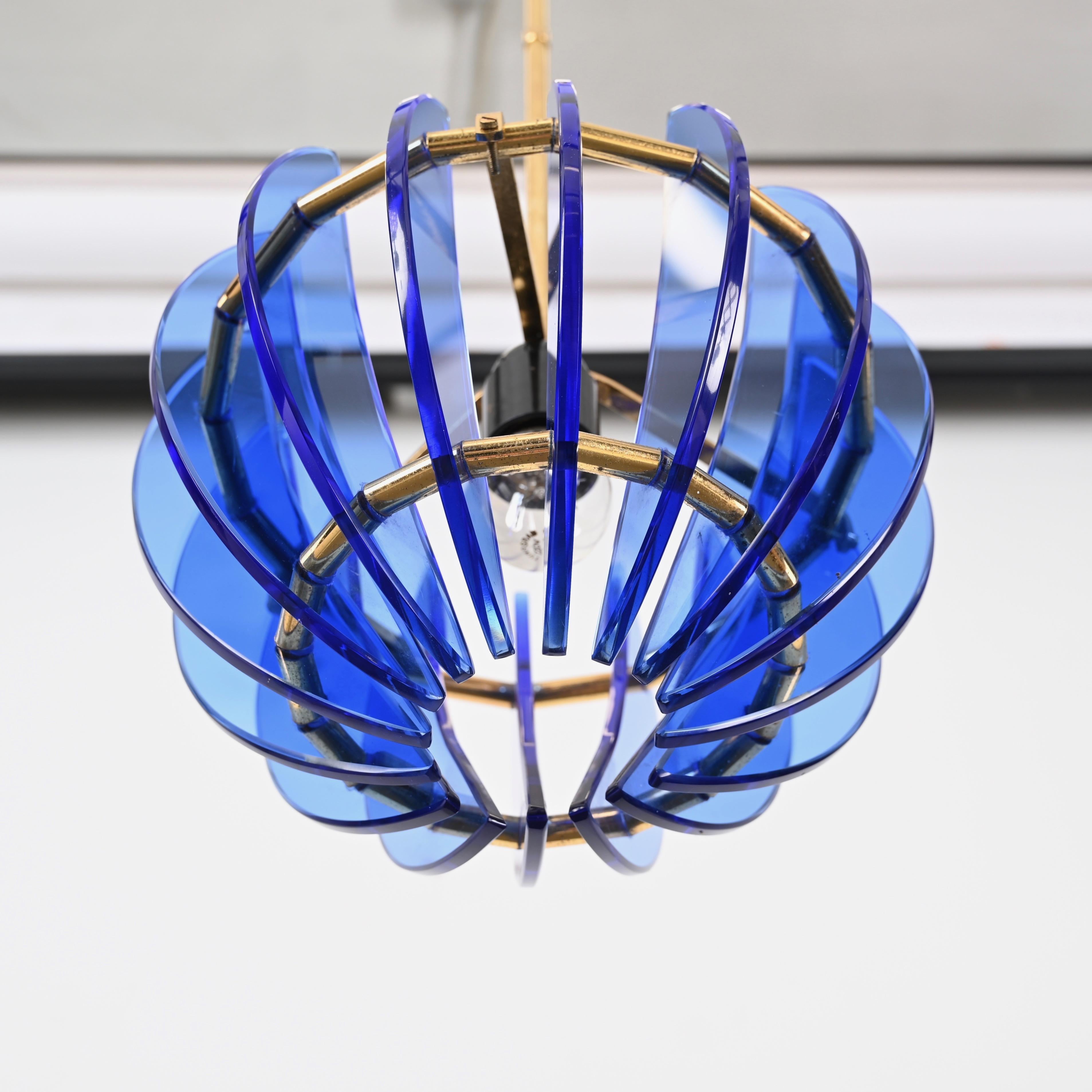 Hand-Crafted Italian Mid-Century Blue Glass and Brass Pendant by Galvorame, Italy 1960s For Sale