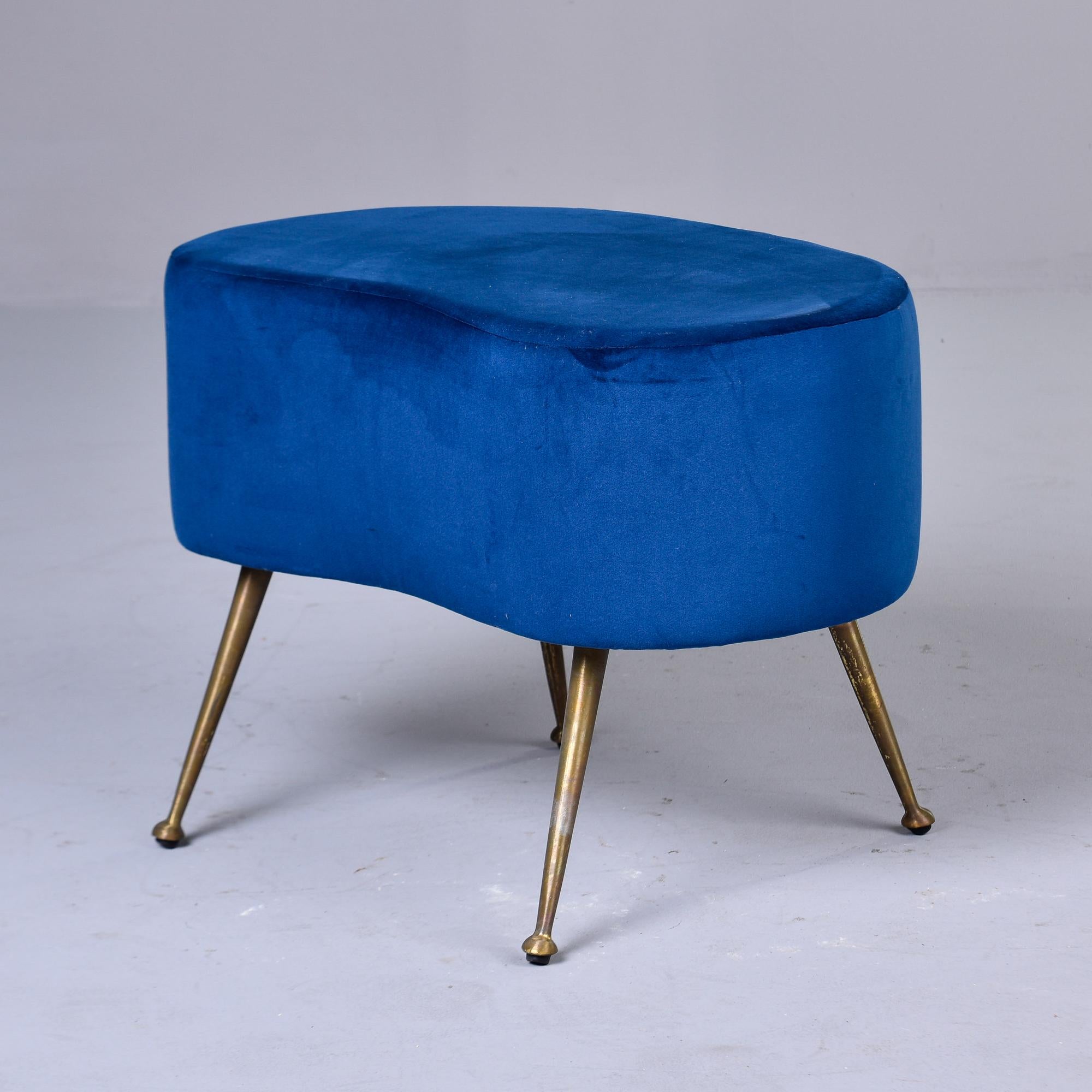 Italian Mid Century Blue Kidney Shaped Stool with Brass Legs In Good Condition For Sale In Troy, MI