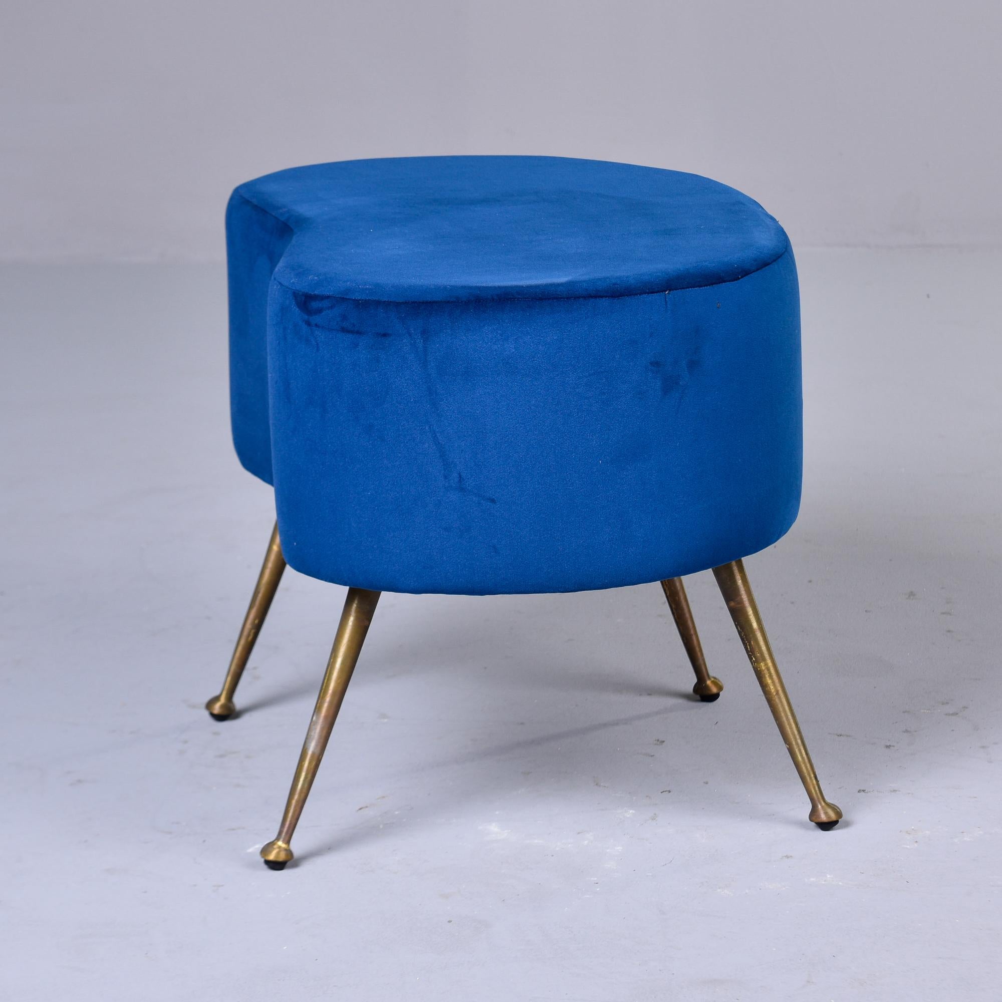 20th Century Italian Mid Century Blue Kidney Shaped Stool with Brass Legs For Sale