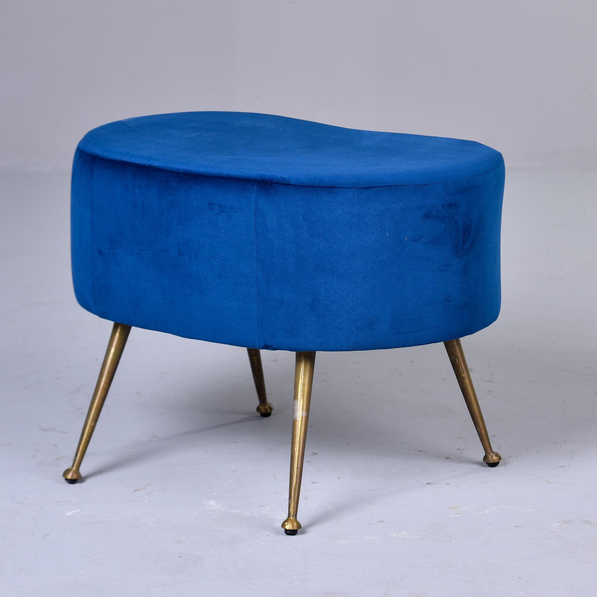 Italian Mid Century Blue Kidney Shaped Stool with Brass Legs For Sale 2