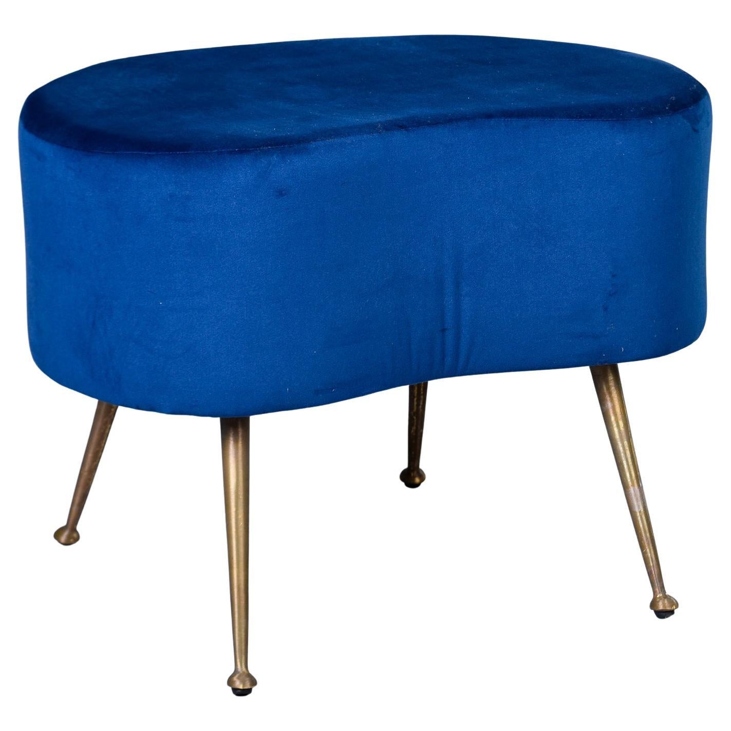 Italian Mid Century Blue Kidney Shaped Stool with Brass Legs For Sale