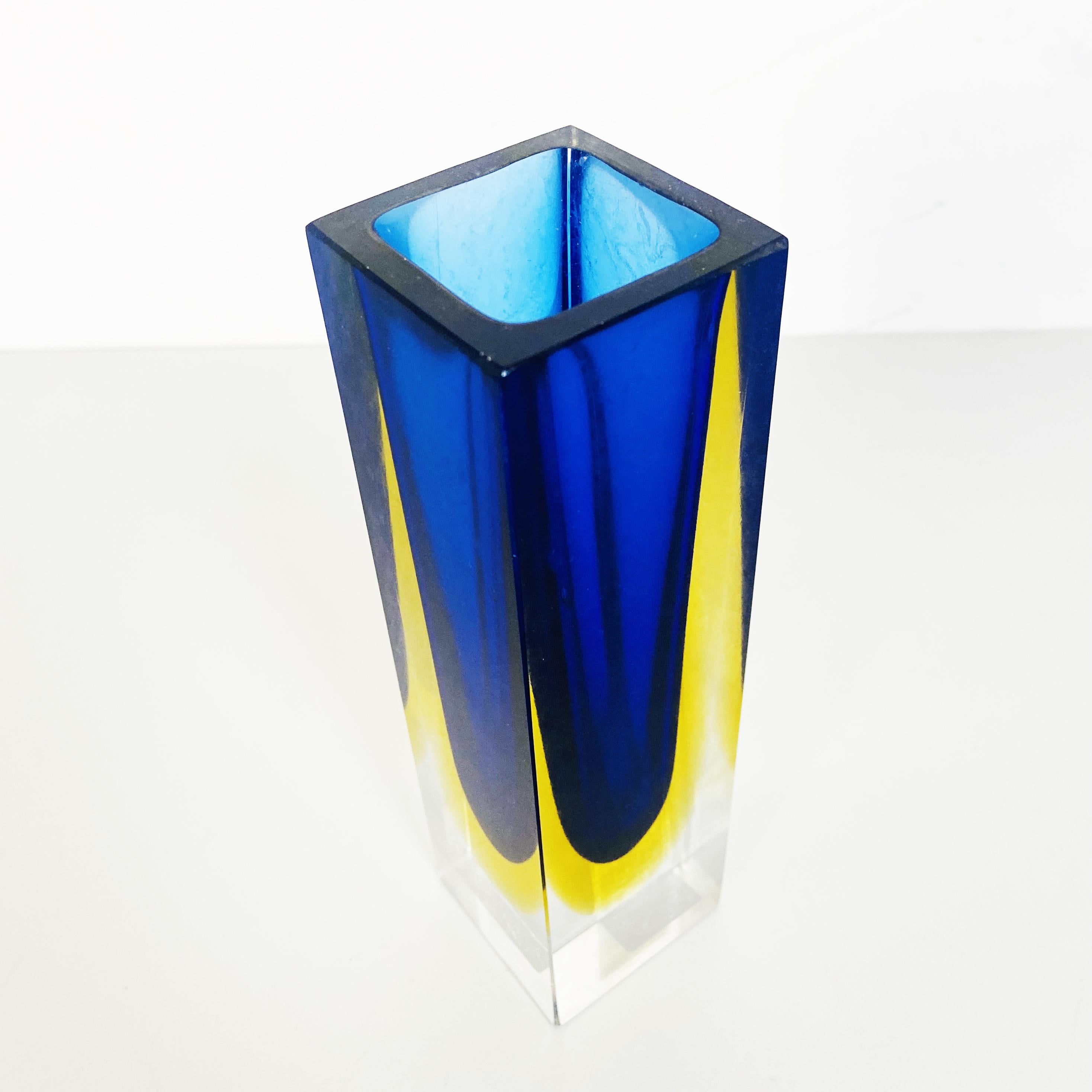 Late 20th Century Italian Mid-Century Blue Murano Glass Vase with Internal Yellow Shades, 1970s