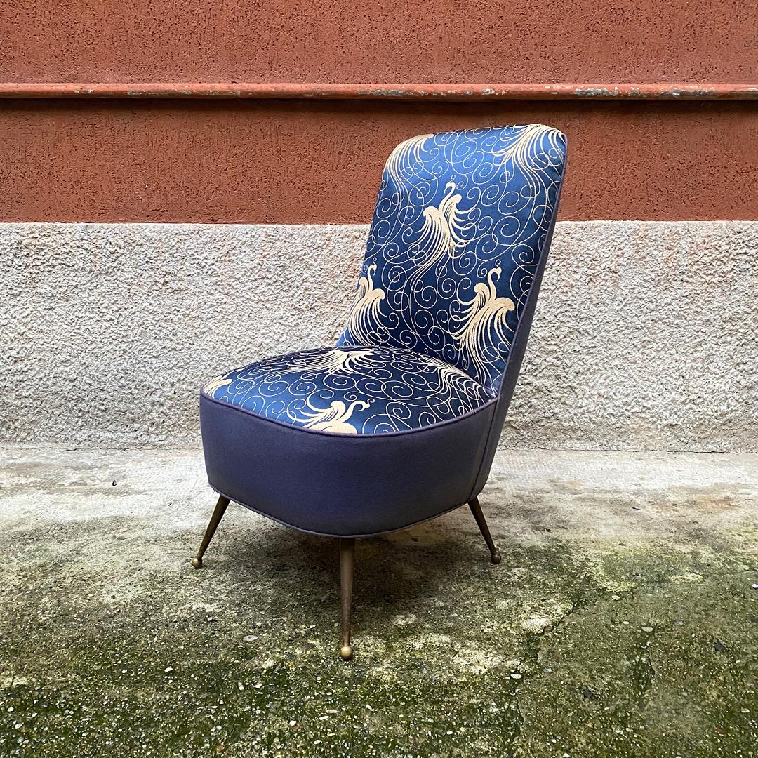 Italian Midcentury Blue Original Fabric Armchairs with Liberty Motif, 1950s In Good Condition In MIlano, IT