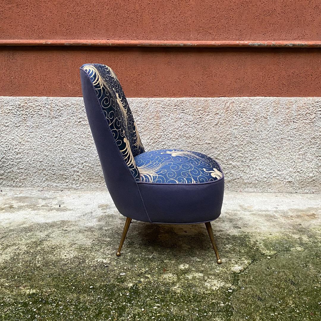 Brass Italian Midcentury Blue Original Fabric Armchairs with Liberty Motif, 1950s