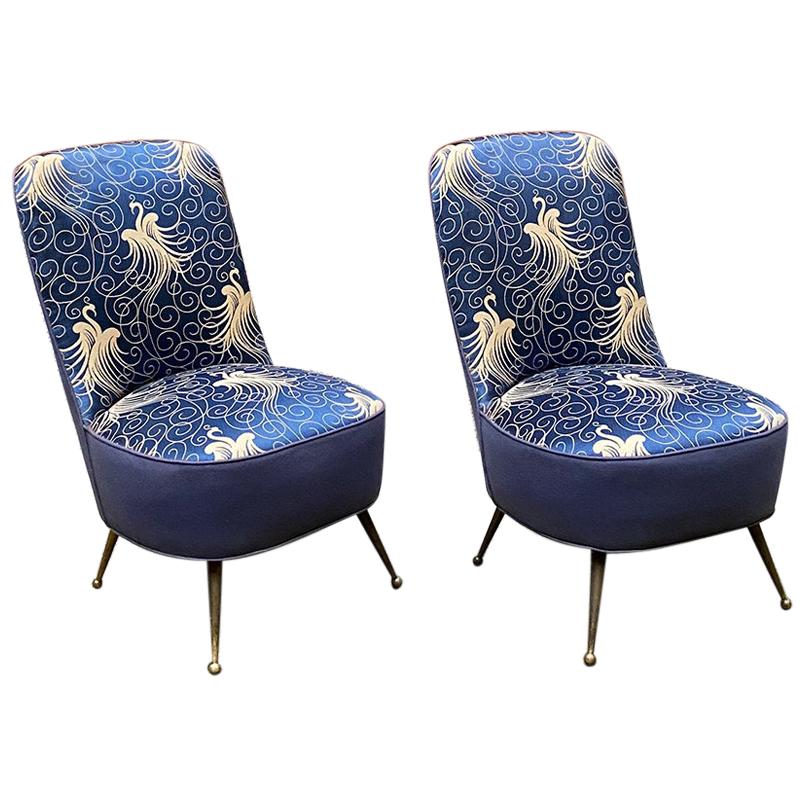 Italian Midcentury Blue Original Fabric Armchairs with Liberty Motif, 1950s