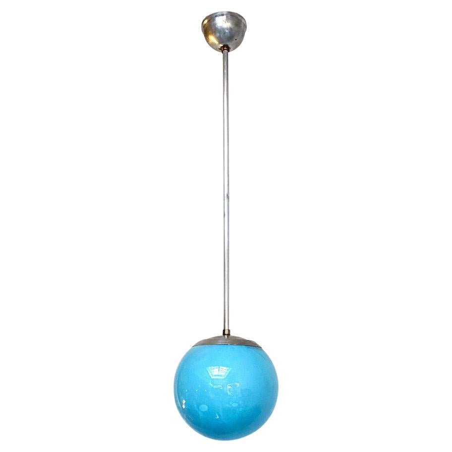 Italian Mid-Century Blue Sphere Chandelier with Iridescent and Metal Rod, 1900s
