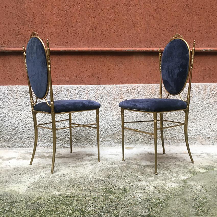 Italian midcentury blue velvet and brass chairs, 1940s 
Beautiful blue velvet chairs with brass structure very well maintained with very special decorations, an absolutely perfect choice for an original and unique home.

Very good