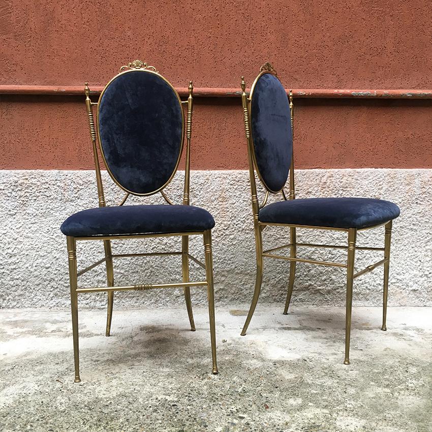 Mid-Century Modern Italian Midcentury Blue Velvet and Brass Chairs, 1940s