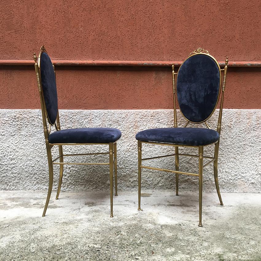 Italian Midcentury Blue Velvet and Brass Chairs, 1940s In Good Condition In MIlano, IT