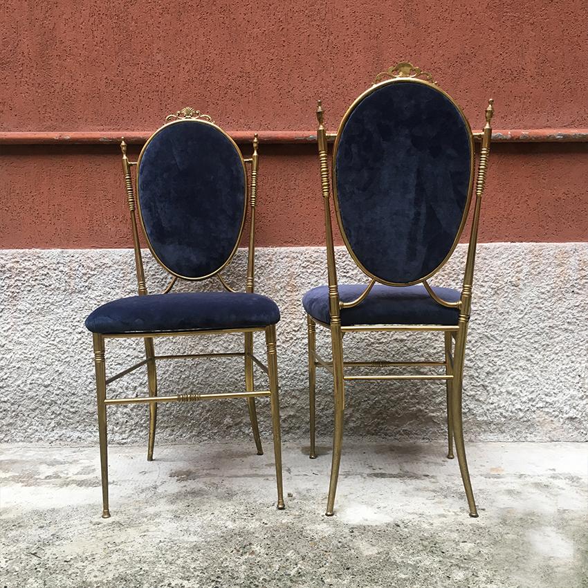 Mid-20th Century Italian Midcentury Blue Velvet and Brass Chairs, 1940s