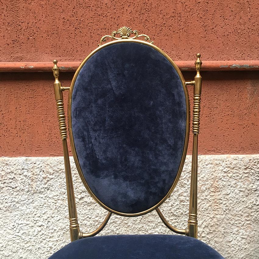 Italian Midcentury Blue Velvet and Brass Chairs, 1940s 1