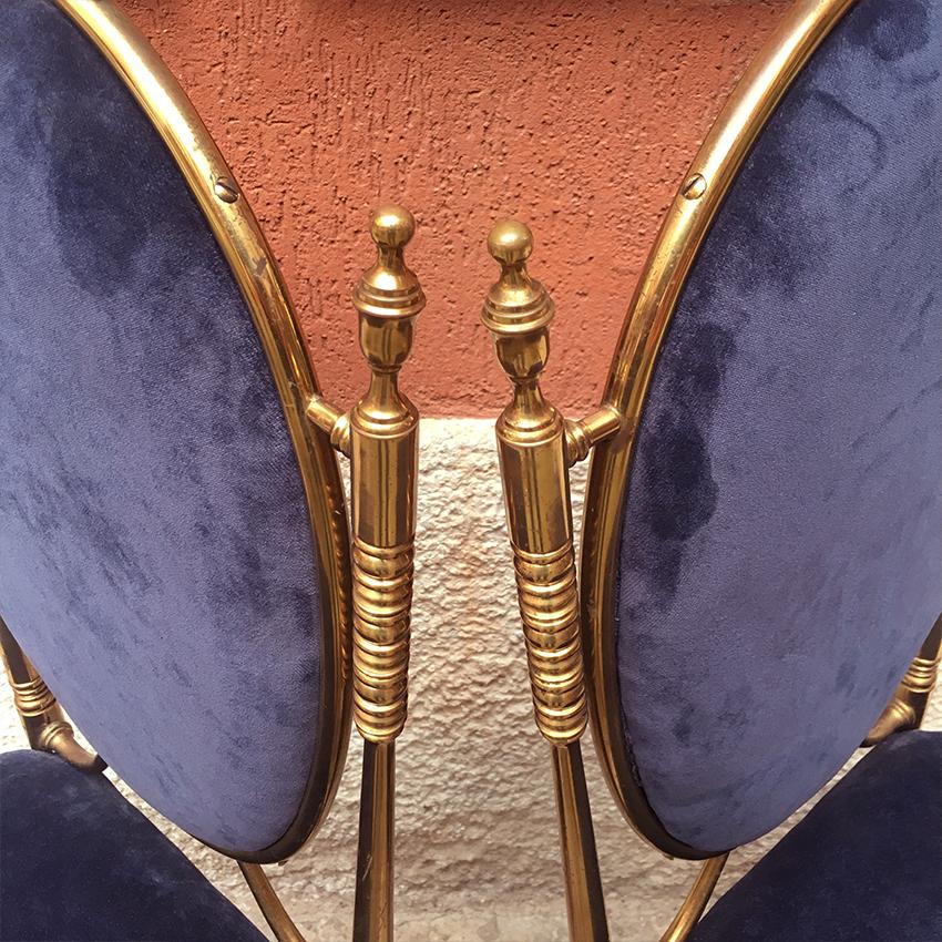Italian Midcentury Blue Velvet and Brass Chairs, 1940s 2