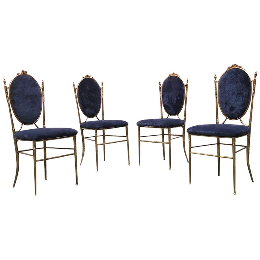 Italian Midcentury Blue Velvet and Brass Chairs, 1940s