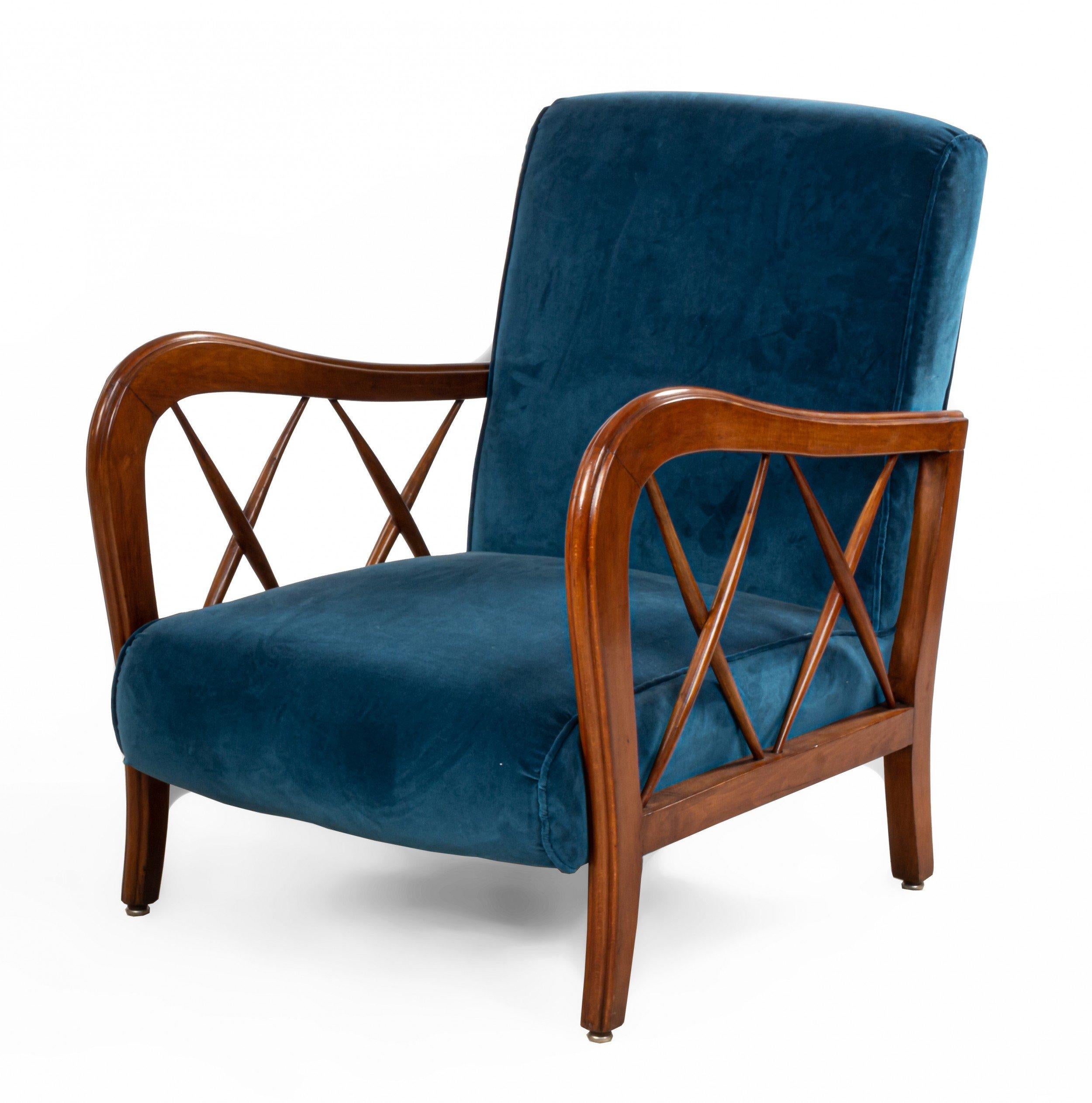 Pair of Italian Midcentury Paolo Buffa style lounge armchairs with a walnut frames with x-detailing and teal blue velvet upholstery.