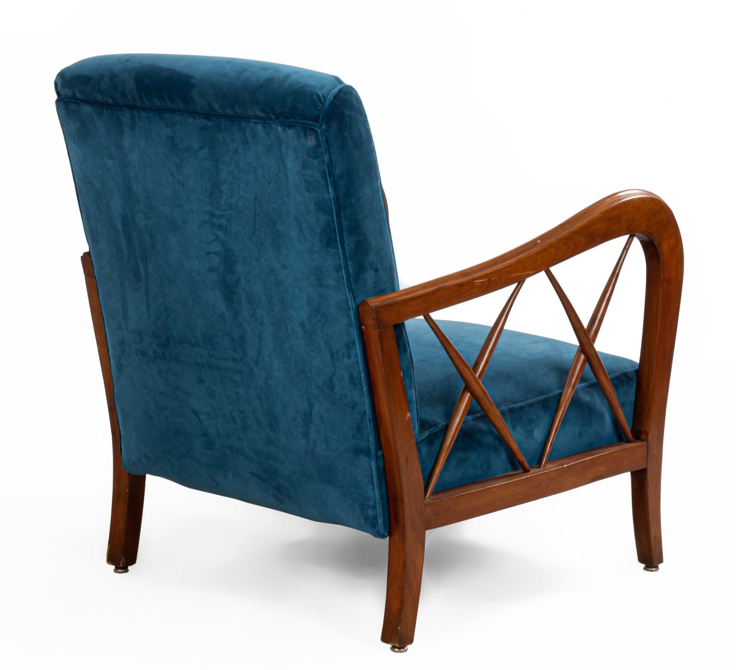 Italian Midcentury Blue Velvet and Walnut Lounge Armchairs In Good Condition In New York, NY