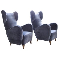 Italian Mid Century Blue Velvet Large Armchairs with Brass Feet, Milano, 1950s
