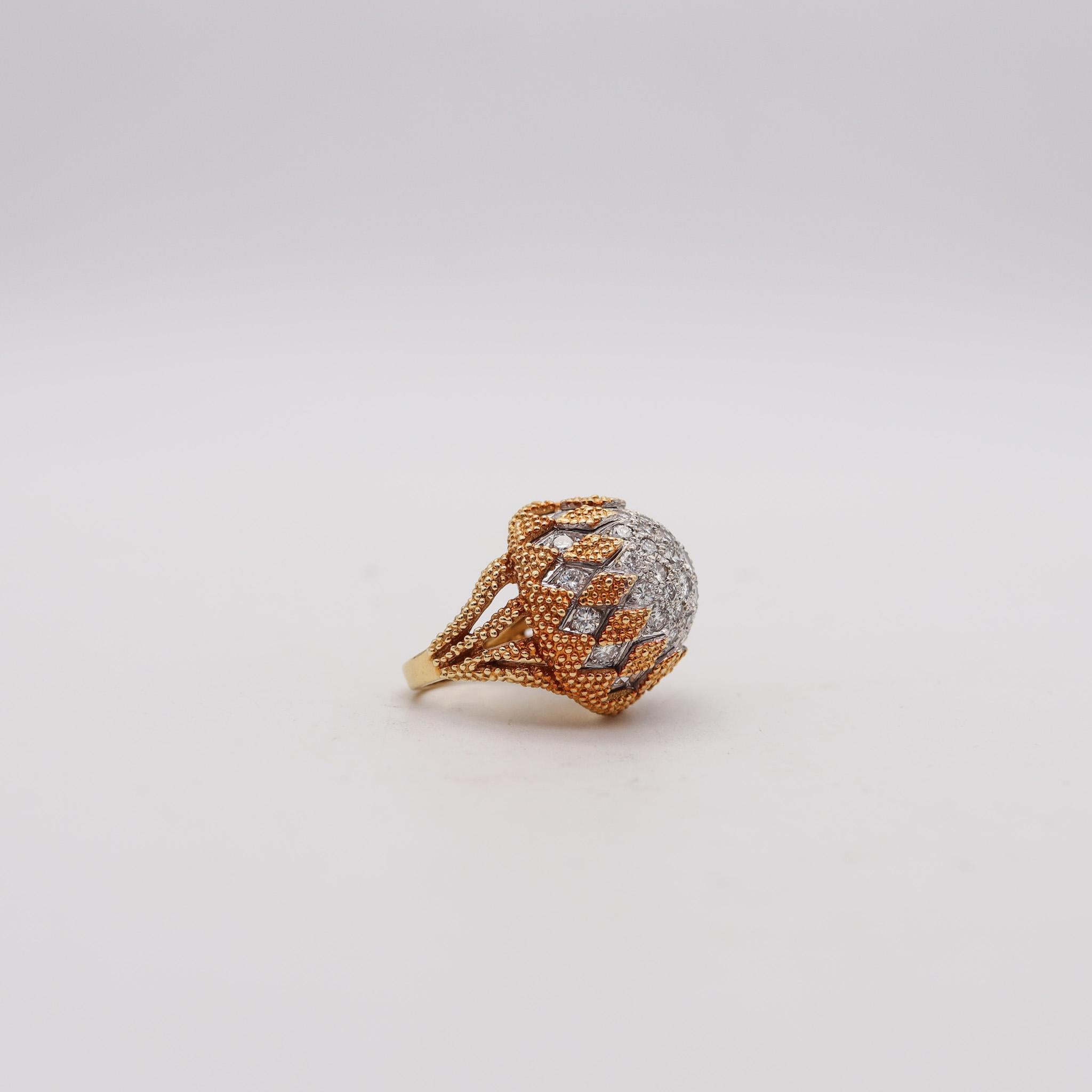 Modernist Italian Mid Century Bombe Cocktail Ring 18Kt Gold Platinum And 5.60 Ctw Diamonds For Sale
