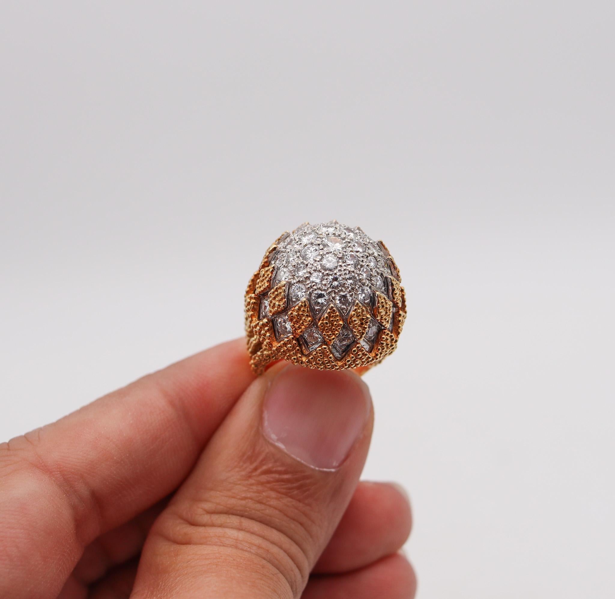 Italian Mid Century Bombe Cocktail Ring 18Kt Gold Platinum And 5.60 Ctw Diamonds For Sale 1