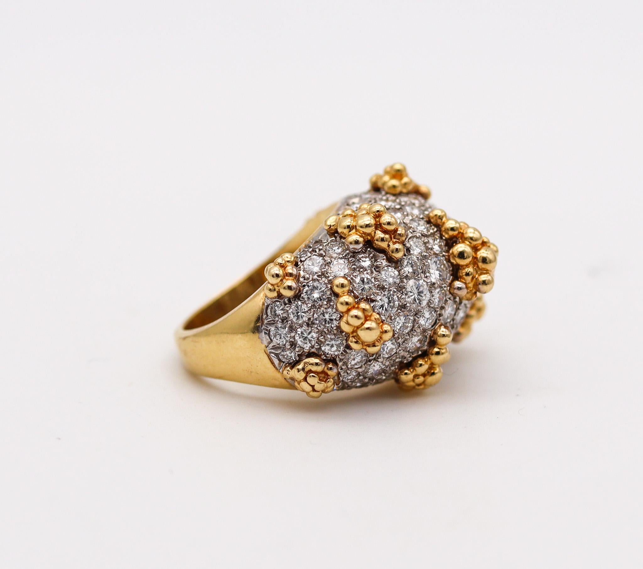 Modernist Italian Mid Century Bombe Cocktail Ring 18Kt Gold Platinum With 5.30 Ctw Diamond For Sale